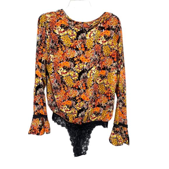 New Free People Orange Gold Floral Viscose Lace‎ Bodysuite Med - Picture 5 of 7
